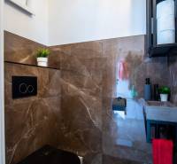 Koupelna v rodinném domě s hnědými obklady a praktickým úložným prostorem.