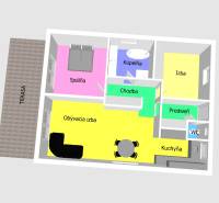 Půdorys rodinného domu ukazuje pokoje, kuchyň, obývací pokoj, koupelnu a terasu.