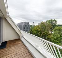 Balkon 2pokojového bytu se zasklením a výhledem na stromy a most v dálce.
