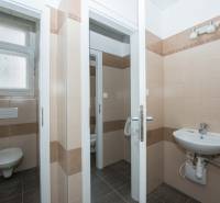 Koupelna v kancelářích s béžovými obklady a umyvadlem.