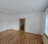 Interiér rodinného domu s dřevěnou podlahou a dvěma dveřmi.