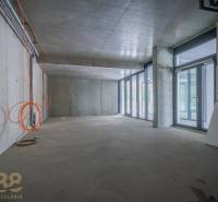Interiér obchodních prostor s prosklenou stěnou, betonovým stropem a elektroinstalací.