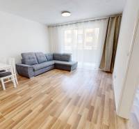 Obývací pokoj v 2pokojovém bytě s pohovkou, stolem a židlemi na dřevěné podlaze.