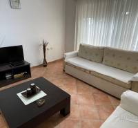 Obývací pokoj v rekreačním apartmánu s pohovkami, stolkem a televizorem.