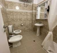 Koupelna v rekreačním apartmánu; umyvadlo, zrcadlo, toaleta, bidet a ohřívač vody.