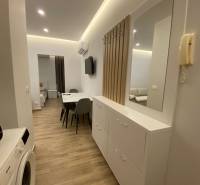 Chodba rekreačního apartmánu s pračkou, zrcadlem a jídelním stolem.