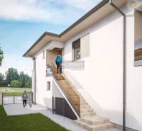 Exteriér 3-pokojového bytu v Lužiankách s přístupovým schodištěm a upraveným trávníkem.