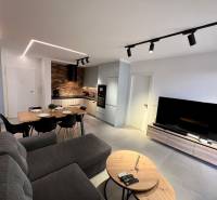 Obývací pokoj rekreačního apartmánu je vybaven kuchyní, jídelním stolem a pohodlnou pohovkou.
