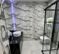 Koupelna v rekreačním apartmánu s designovým umyvadlem a sprchovým koutem.