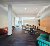 Kancelářský prostor s velkým stolem, židlemi, sedačkami, skříňkami a kobercovou podlahou.