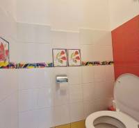 Toaleta s barevnými dlaždicemi a květinovým vzorem v obchodních prostorách.