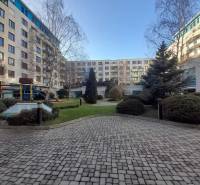 V Bratislavě - Novém Městě na Vajnorské uličce s obchodními prostory jsou stromy a udržovaná dlažba.