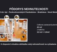Půdorys 2-pokojového bytu na Československých parašutistů, Bratislava - Nové Město, 45 m², 2 balkóny.