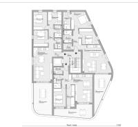 Půdorys 3-pokojových bytů s terasami a místnostmi v moderním apartmánovém komplexu.