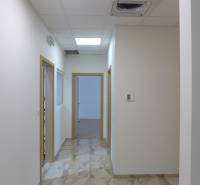 Bílá chodba s dlažbou, dřevěnými dveřmi a osvětlením v areálu skladů a hal.