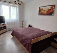 Ložnice v 3-pokojovém bytě s postelí, televizí a dekorací na stěně.