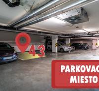Podzemní parkovací místo s označením 43, obklopené parkujícími auty.