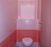 Toaleta s dlaždicemi v oranžovo-bílé kombinaci v 2-pokojovém bytě.