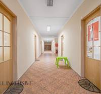 Chodba s dveřmi, dlažbou a zelenou židlí v kancelářích.