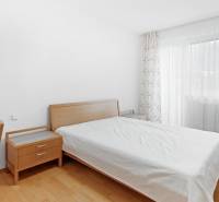 Ložnice s dřevěným nábytkem a velkým oknem ve 4pokojovém bytě.