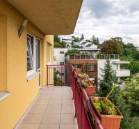 Balkon ve 4pokojovém bytě na Guothově ulici nabízí výhled na zeleň v Kramářích.