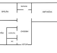 Půdorys 2-pokojového bytu zahrnuje kuchyň, obývací pokoj, ložnici a balkon.