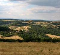 Kopcovitá krajina s lesy a otevřenými pozemky, ideální pro bydlení na venkově.