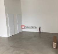 Interiér obchodních prostor s betonovou podlahou a dveřmi, připravený k pronájmu.