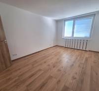 Prostorný pokoj s dřevěnou podlahou a velkým oknem v 2-pokojovém bytě.