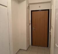Chodba se světlou dlažbou a dřevěnými dveřmi v 2-pokojovém bytě.