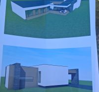 Vizualizace budovy na pozemcích - bydlení v Šelpiciach s moderním designem a terasou.
