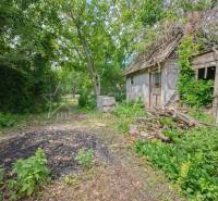 Zahrada s dřevěnou stavbou a přírodou u rodinného domu v Častkovcích.