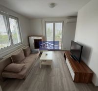 Obývací pokoj v 2pokojovém bytě s pohovkou, televizí a podlahou s dřevěným dekorem.