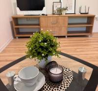 V 1-pokojovém bytě je konferenční stolek s dekorací, šálkem a svíčkou.