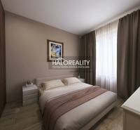 Ložnice v 3-pokojovém bytě s podlahou s dřevěným dekorem, závěsy a dekorativním obrazem.