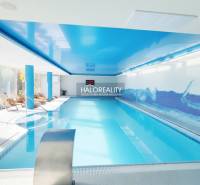 Bazén s modrými stropy a lehátky v interiérových gastro prostorech.