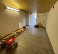 Garáže s nářadím a osvětlením, podlaha s dřevěným dekorem, otevřené dveře na denní světlo.