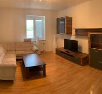 Obývací pokoj s béžovou sedačkou, TV a dřevěným dekorem v 2pokojovém bytě.