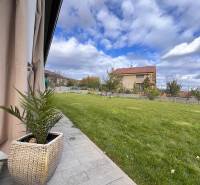 Zahrada rodinného domu na Lipové ulici v Dubové s trávníkem a dlážděným chodníkem.