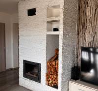 Interiér rodinného domu s krbem, TV a dřevem, podlaha s dřevěným dekorem.