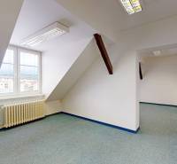 Podkrovní kanceláře s bílými stěnami, radiátorem a zeleným kobercem.