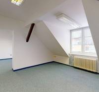 Kanceláře s oknem a radiátorem, podlaha s dřevěným dekorem, zásuvky na stěně.