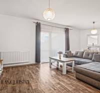 Obývací pokoj v 2-pokojovém bytě s podlahou s dřevěným dekorem a šedou sedačkou.