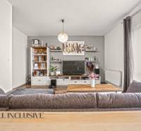 Obývací pokoj v 2-pokojovém bytě s podlahou s dřevěným dekorem a velkou sedačkou.