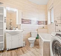 Koupelna se sprchou, vanou a pračkou v 2-pokojovém bytě, podlaha s dřevěným dekorem.