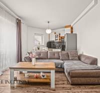 Obývací pokoj v 2-pokojovém bytě s pohovkou, kuchyňskou linkou a podlahou s dřevěným dekorem.