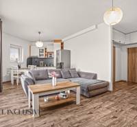 Obývací pokoj dvoupokojového bytu s pohovkou a podlahou s dřevěným dekorem.