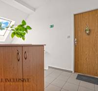 Vstup do 2-pokojového bytu s dřevěnou skříní a květinou na podlaze s dekorem dřeva.