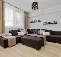 Obývací pokoj v 2-pokojovém bytě s tmavou sedačkou, zásuvkami a podlahou s dřevěným dekorem.