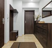 Vstupní chodba v 2-pokojovém bytě, s tmavým nábytkem a podlahou s dřevěným dekorem.